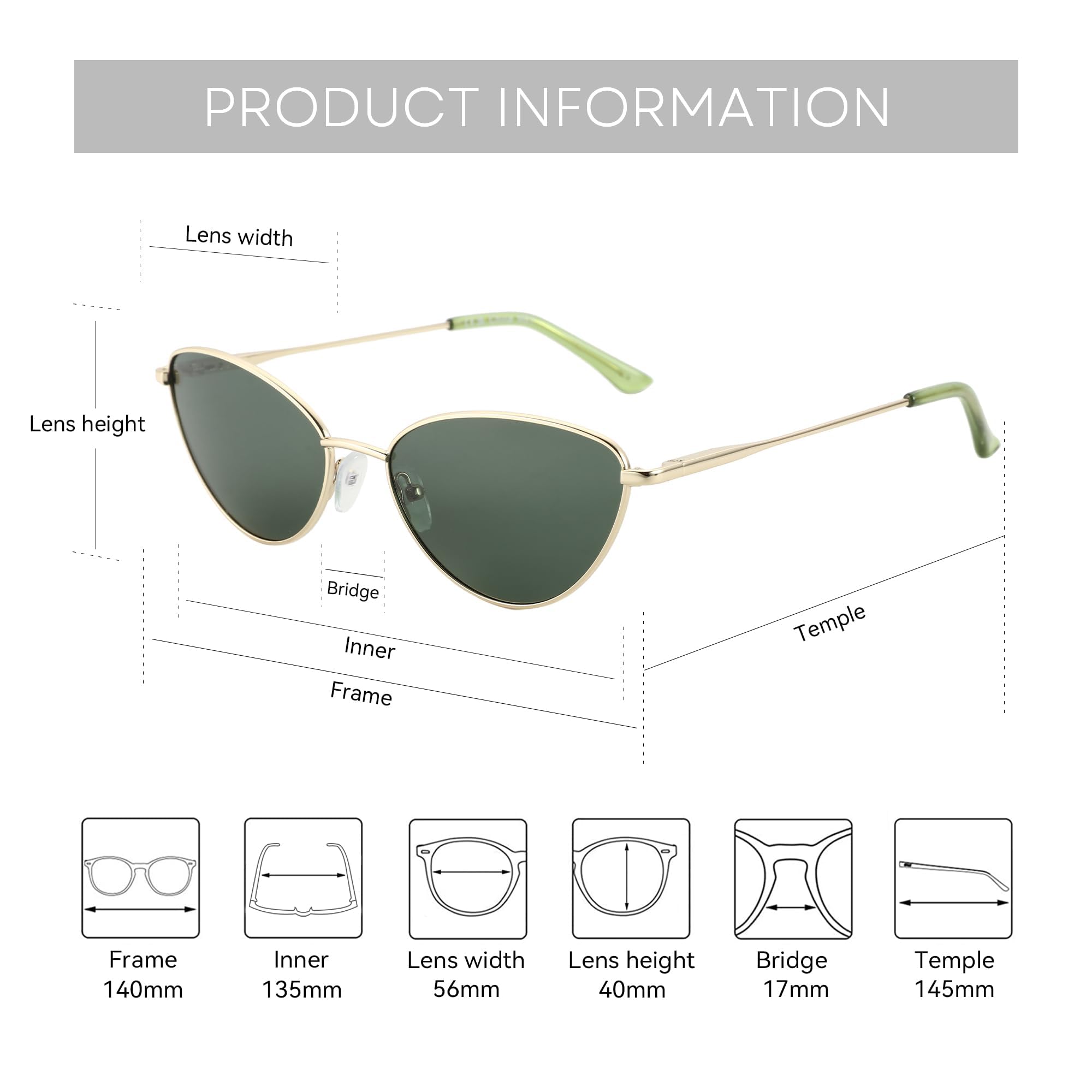 Metall-Sonnenbrille für Damen, Cat-Eye-Gestell, polarisiert, UV400 (003 GOLD GRÜN)