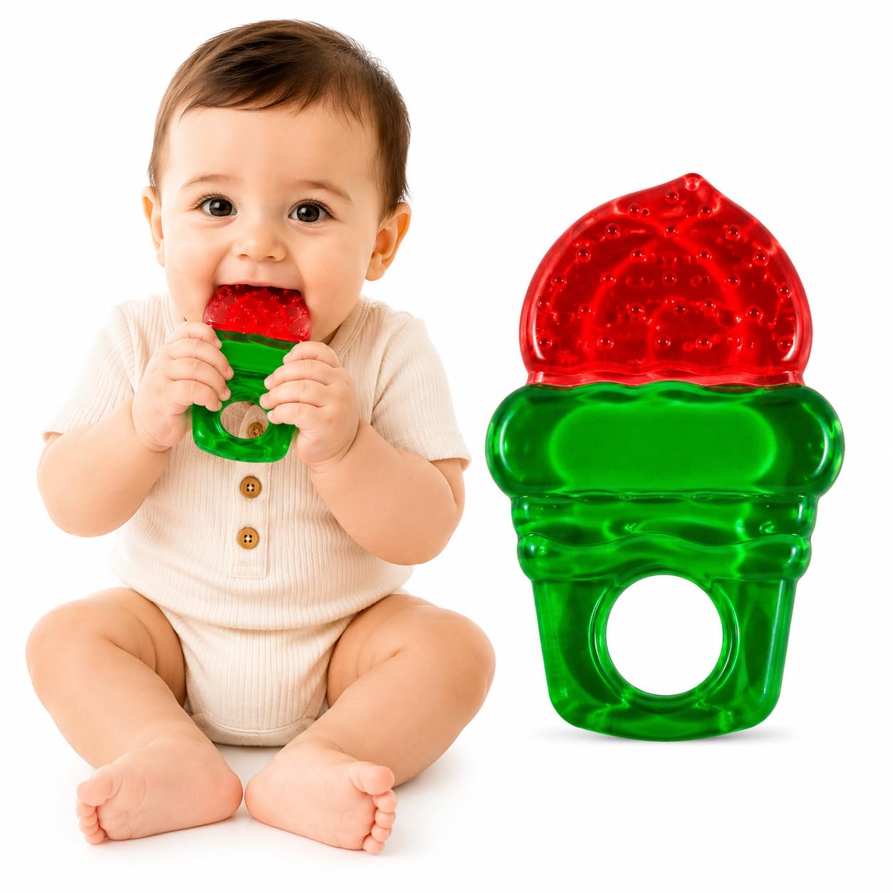 chicagozone premium baby silicone teether ring toy – bpa free soft teething toy for infants, multi-texture sensory chew toy, easy grip teether for babies 3–12 months, cute animal design (multicolor) (srawberry teether)
