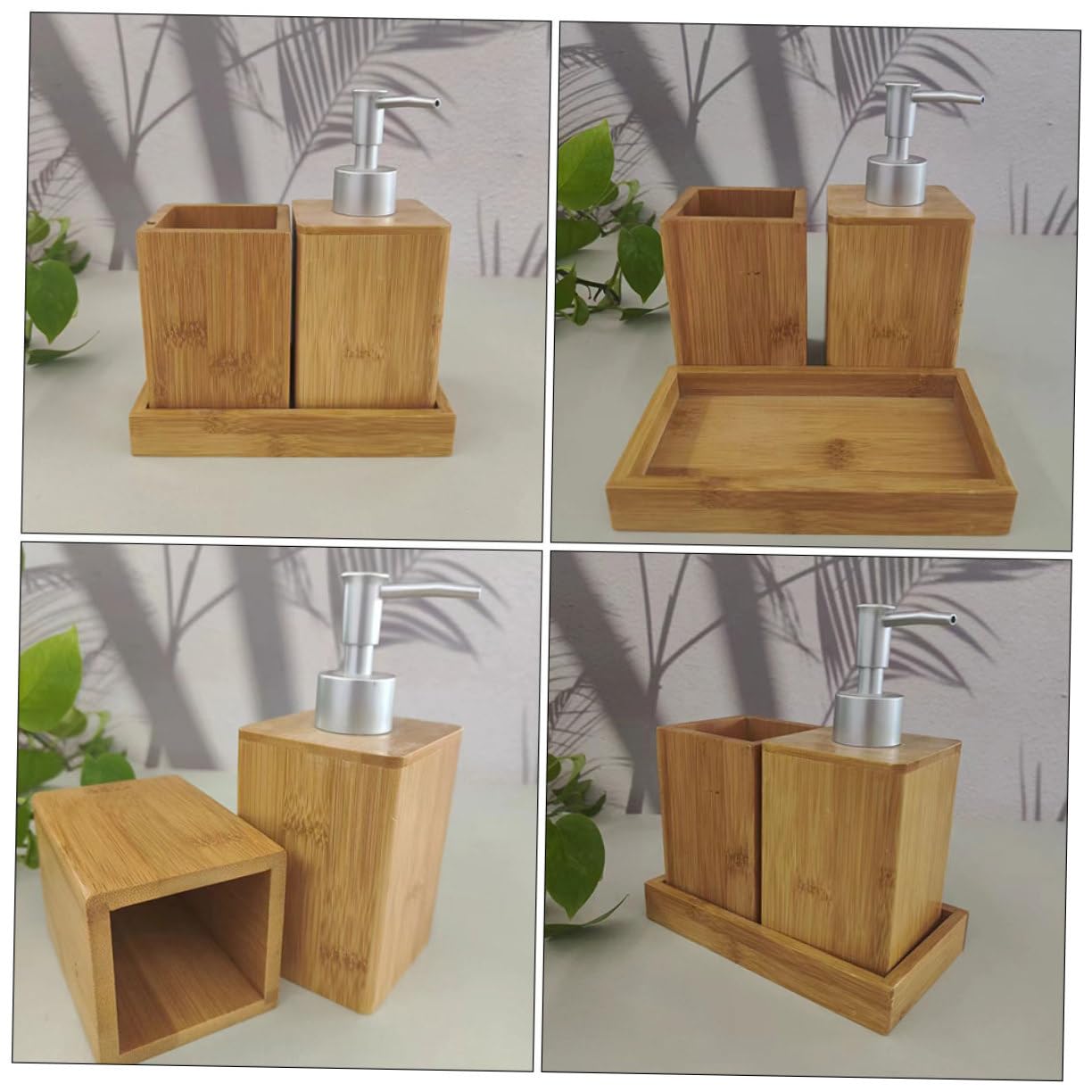 VILLCASE Set di Accessori per Bagno in Bambù, Portaspazzolino e Contenitore Ricaricabile per Detergente, per Bagno Ordinato e Curato