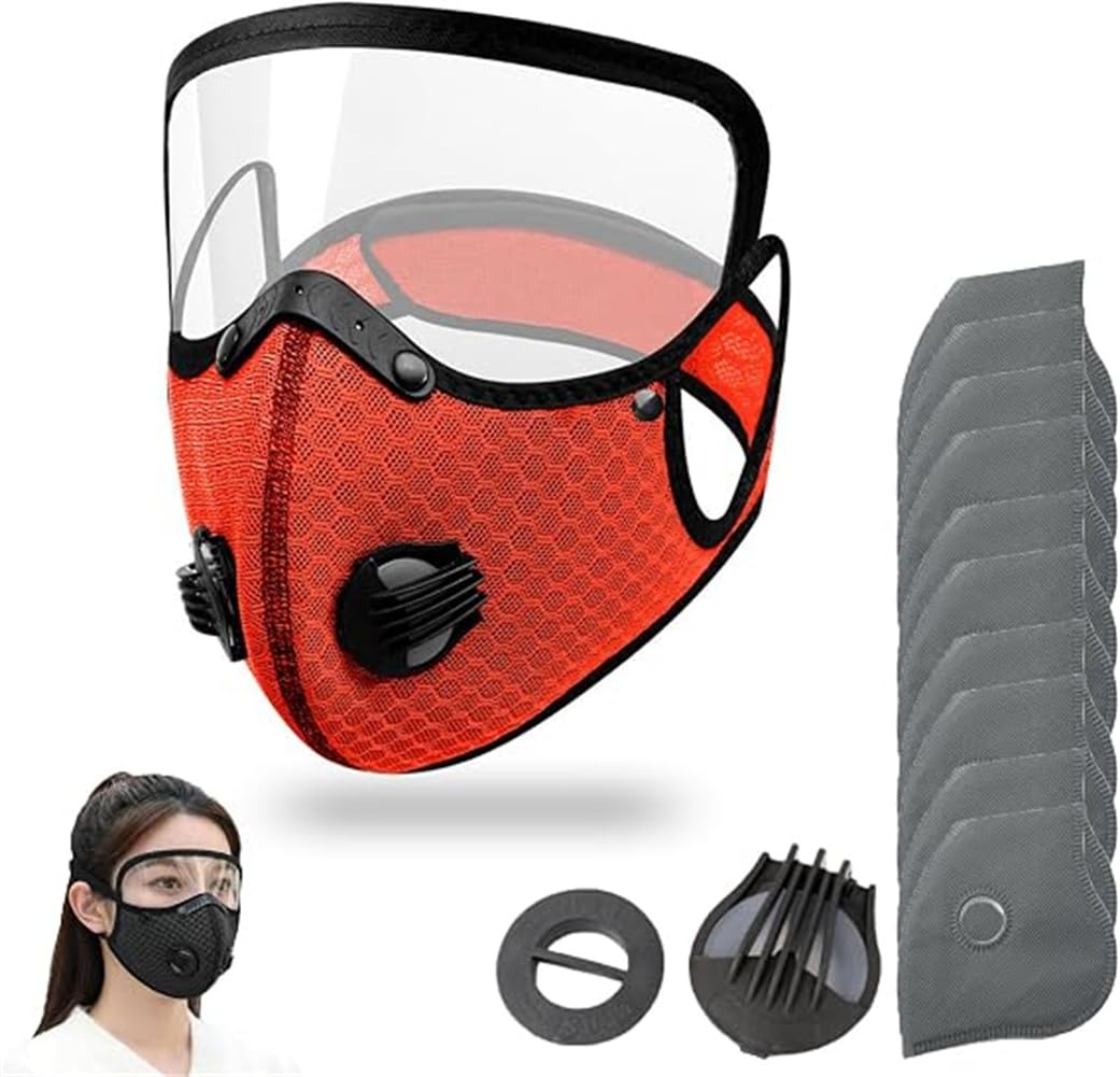 Reusable Carbon Filter Dust Mask with Adjustable Goggles,Activated Carbon Face Mask,Anti-UV-5-Layer Filte with 10 Filters and 2 Valves with Adjustable Goggles for Woodworking Mowing Dust (Orange)