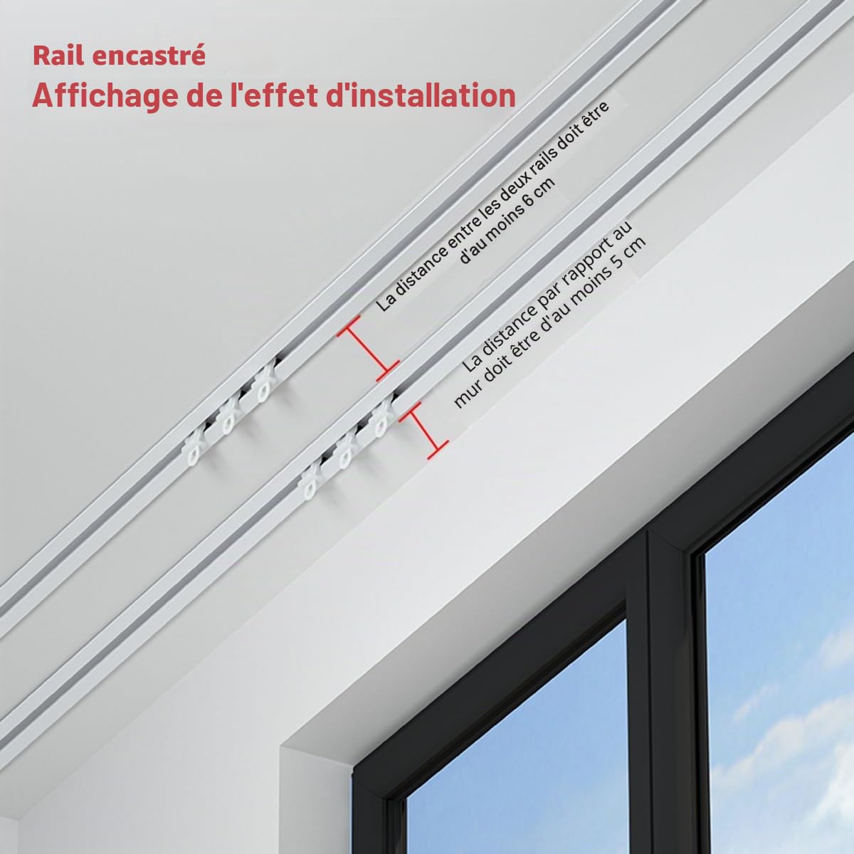 Rail Rideaux Invisible Encastré, Rail De Rideau Robustes Avec Silencieuses Roulettes, Rail De Plafond En Aluminium Pour Séparation De Pièce De 70 À 600 Cm(White,6.0FT/180CM)