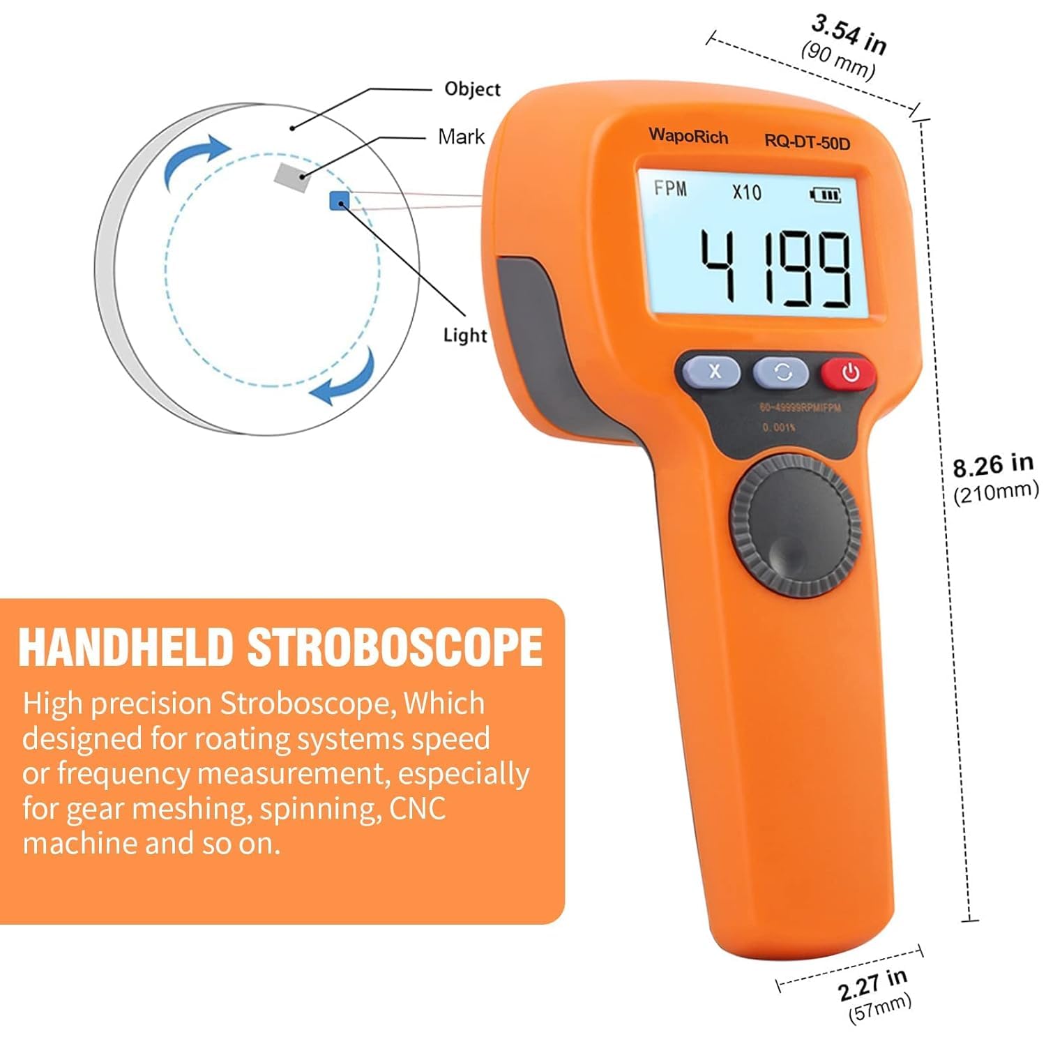 DT-50D stroboscope numérique à main sans contact 60-49999 tr/min LED haute précision rechargeable écran LCD pour machines à imprimer et filer Orange