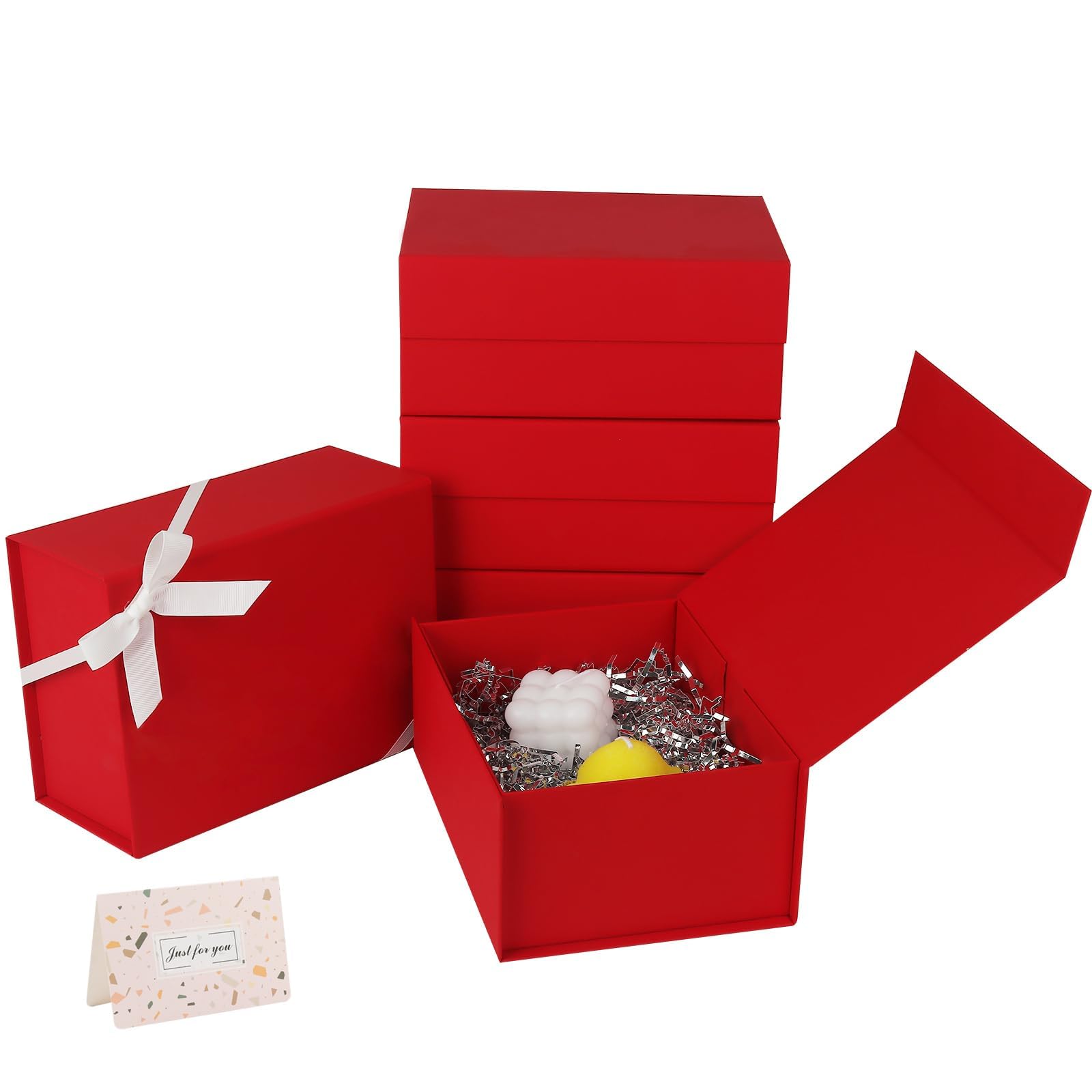 CHARMGIFTBOX5 Pack Red Gift Box with Lids, 8.7x6.7x4 Inches Luxury Valentine Gift Boxes with Ribbon/Card Collapsible Cardboard Gift Wrap Box with Magnetic Closure for Birthday Party Bridesmaid