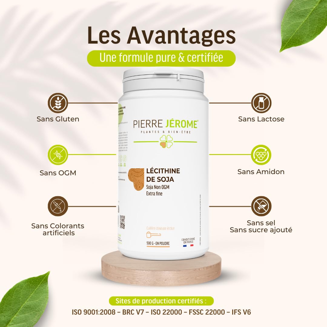 Lécithine de Soja en Poudre Pierre Jérôme - 500 G - Complément et Additif Alimentaire à Base de Phospholipides de Soja - Foie, Cerveau - 0.5 KG - 500 Jours
