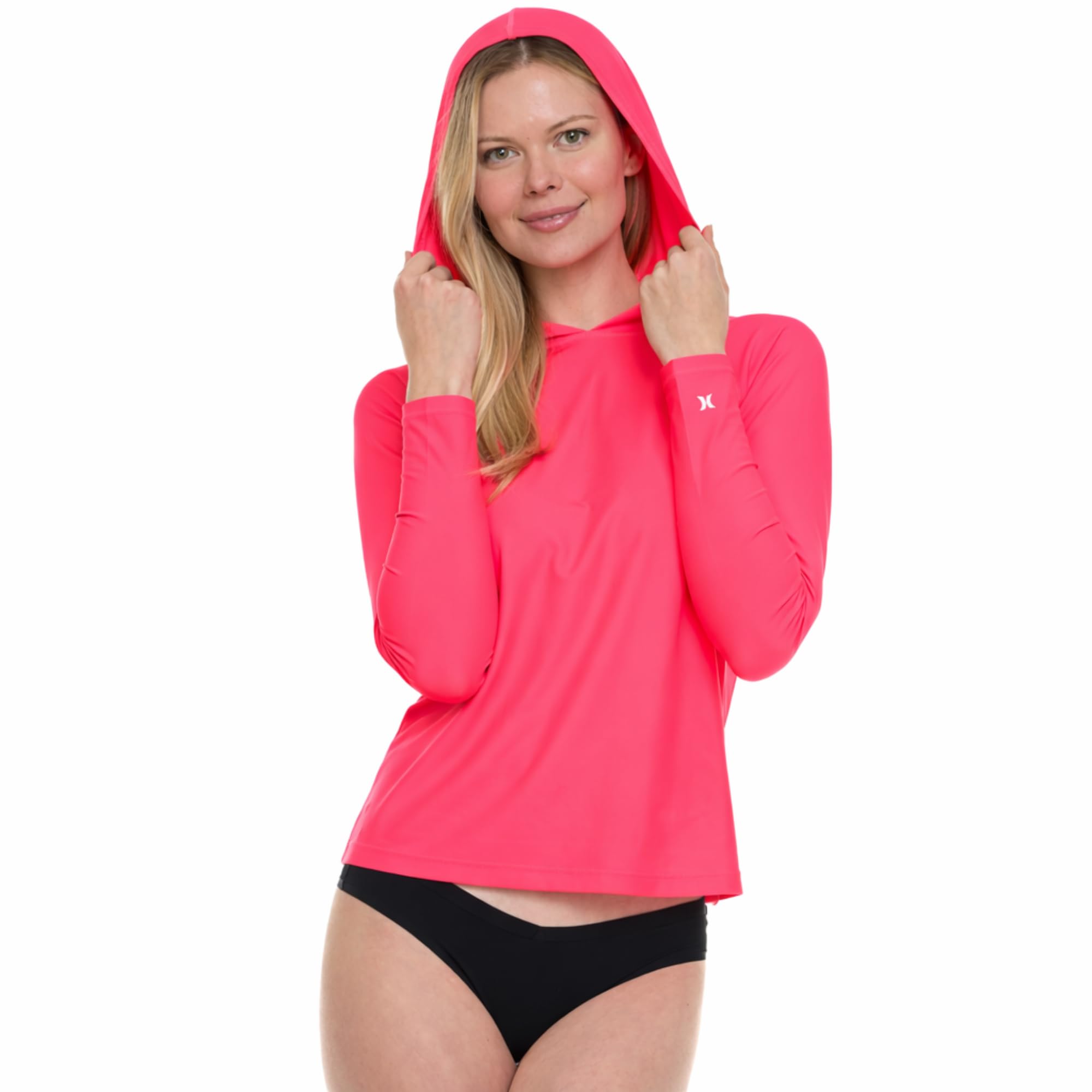 hurley rash guard for women with hood, long sleeve hoodie swim shirts for women, quick dry upf 50+ spf sun & uv protection pink