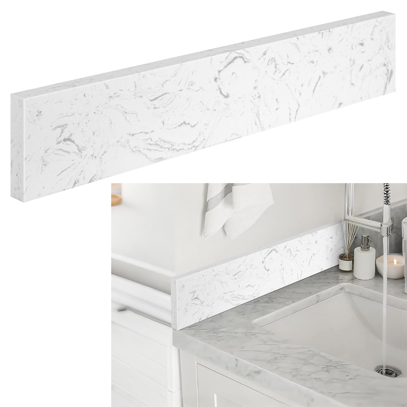 reallnaive 1 pcs 22" x 4" marble vanity sidesplash bathroom vanity backsplash engineered stone side splash for bathroom sink home decoration (carrara white)