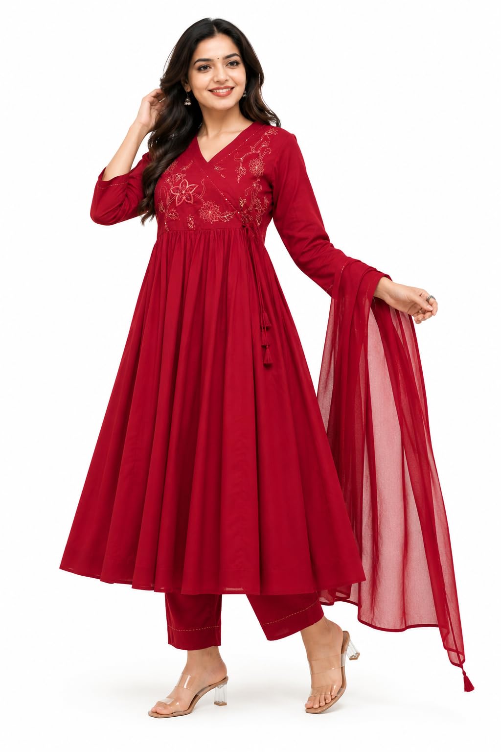Women's Anarkali Kurta Pant Set, Floral Embroidered Rayon, Three-Quarter Sleeves, V-Neck, Magenta, with Dupatta-picture-19