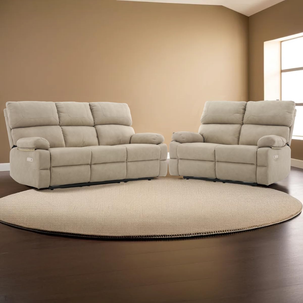 Decor Space Divano Cassiopeia con doppio recliner elettrico e rivestimento in tessuto per interno (2 posti/Beige)