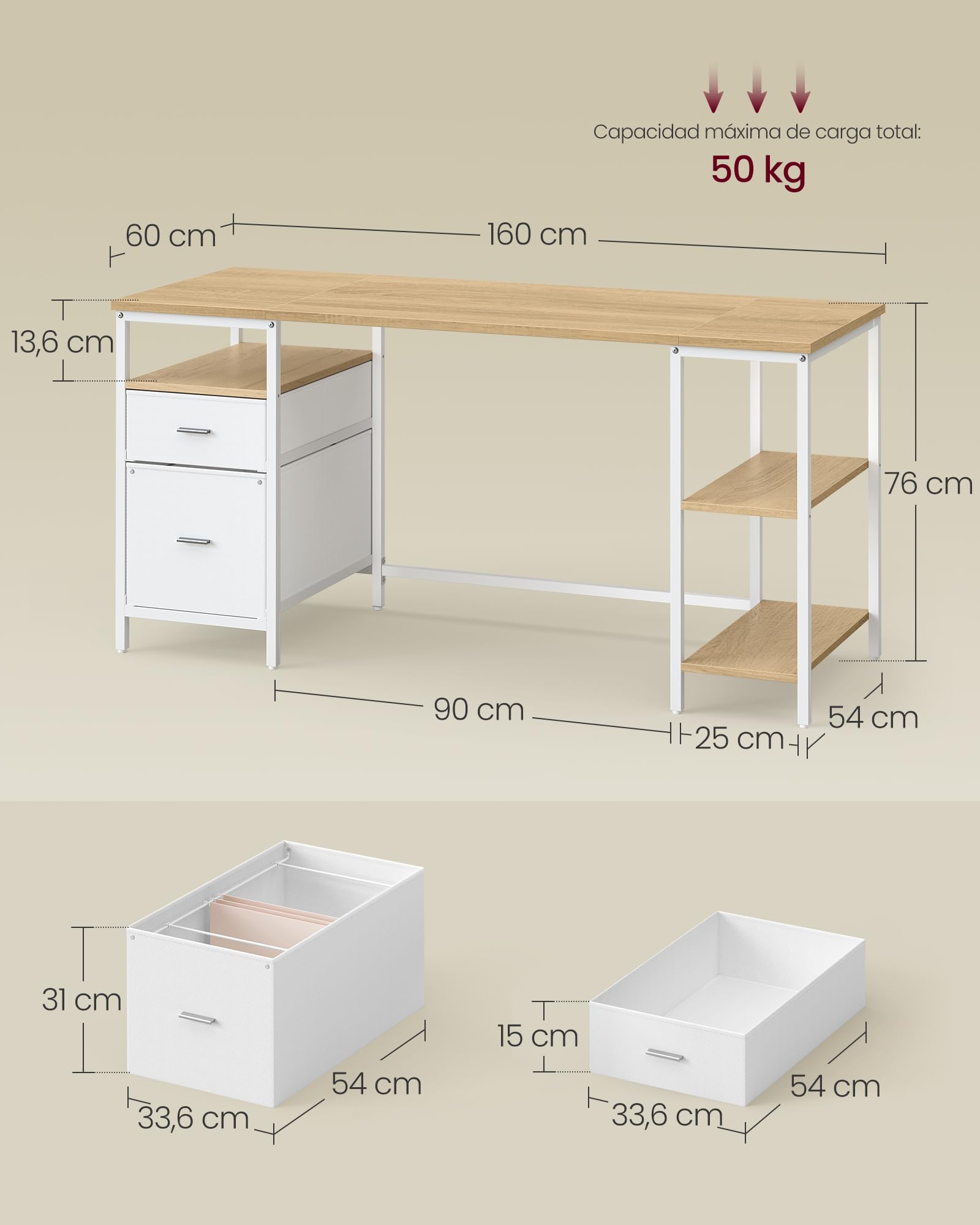 VASAGLE Mesa de Ordenador, Mesa de Oficina, con 3 Estantes, 2 Cajones, 160 x 60 x 76 cm, para Oficina, Salón, Estilo Moderno, Roble Natural y Blanco Nube LWD105YD01