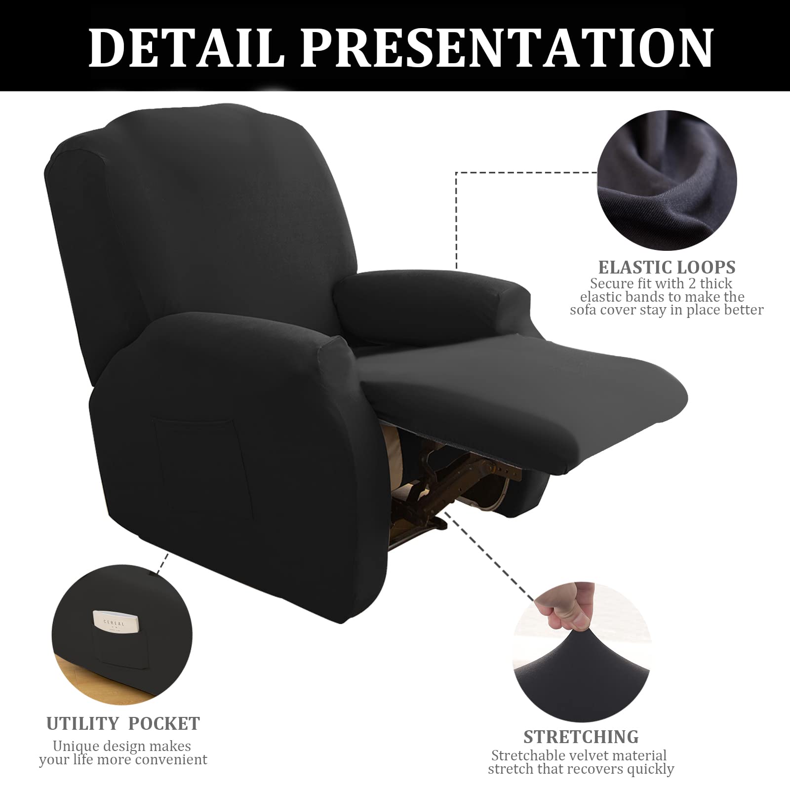 Jaotto Copripoltrona Relax Reclinabile,Fodere Copripoltrona 1 Posto Universale,Moderne Copripoltrona Relax Elettrica Reclinabile con Tasche Lavabile,Coperture per Divano da Massaggio,Nero