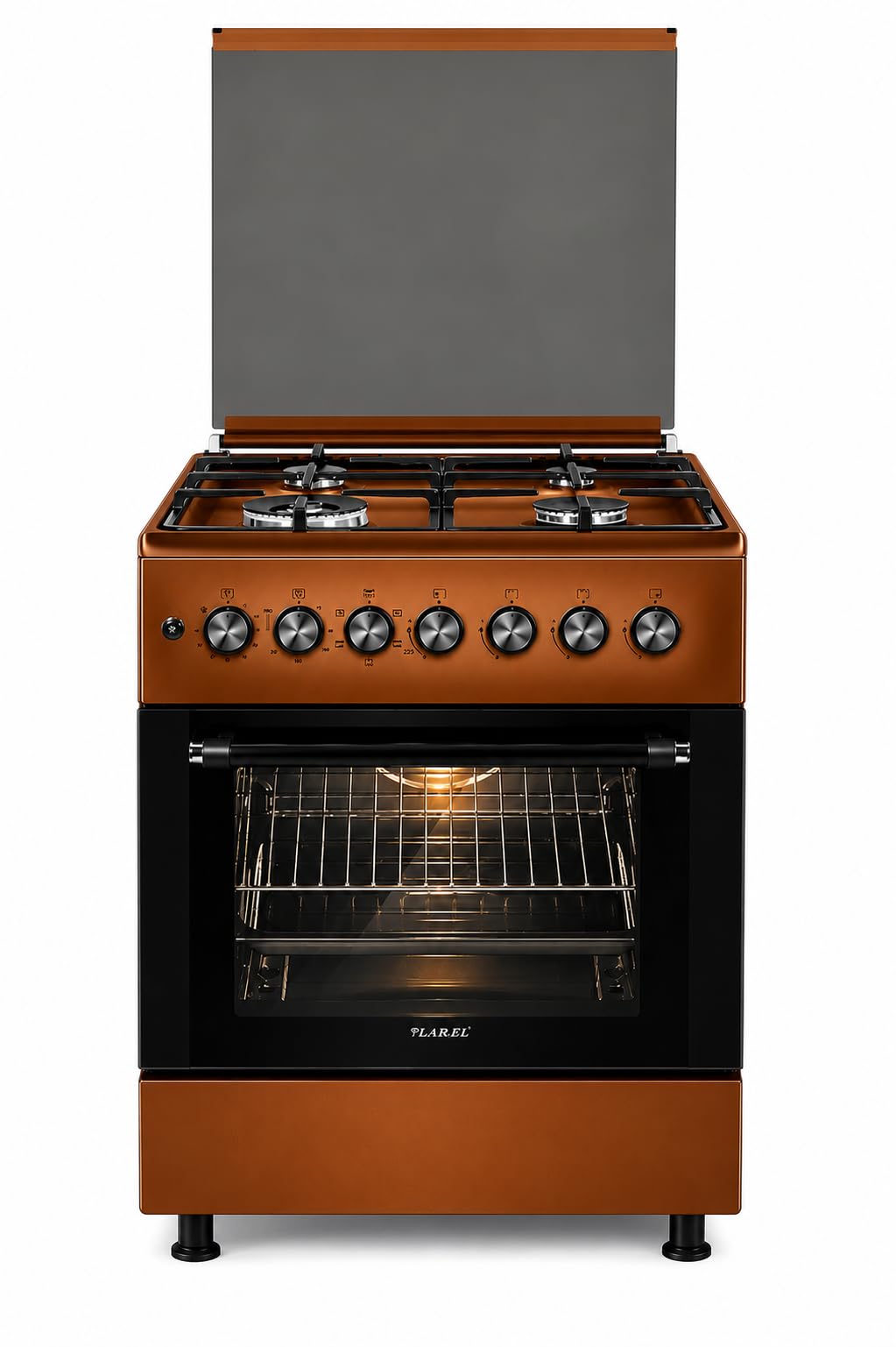 Lar.el Cucina a Gas 60x60 cm Forno Elettrico con Grill Marrone Coperchio in Vetro Temperato Accensione Elettronica Tripla Corona 4 Fuochi a Gas GPL/Metano Acciaio Inossidabile CUC.60EM