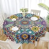 Eikione Boho Round Tablecloth 70 Inch Bohemia Table Cloth, Tablecloth Polyester Waterproof Stain Wrinkle Free, Indoor and Outdoor Round Table Cover