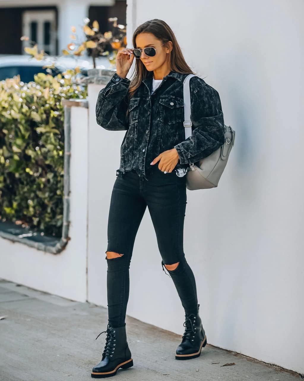 Womens Cropped Corduroy Jacket Casual Button Down Shacket Coat Fringe with Frayed Hem - Image 3