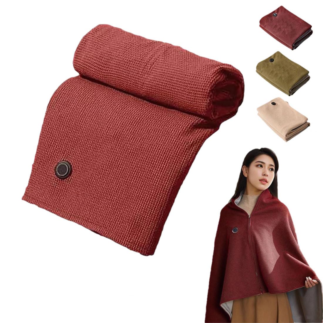 Heofonm Women's Red Heated Shawl Wraps For Portable Cordless Usb Electric Heated Blanket, Winter Warm Shawl Heating Scarf With Zipper (Red)