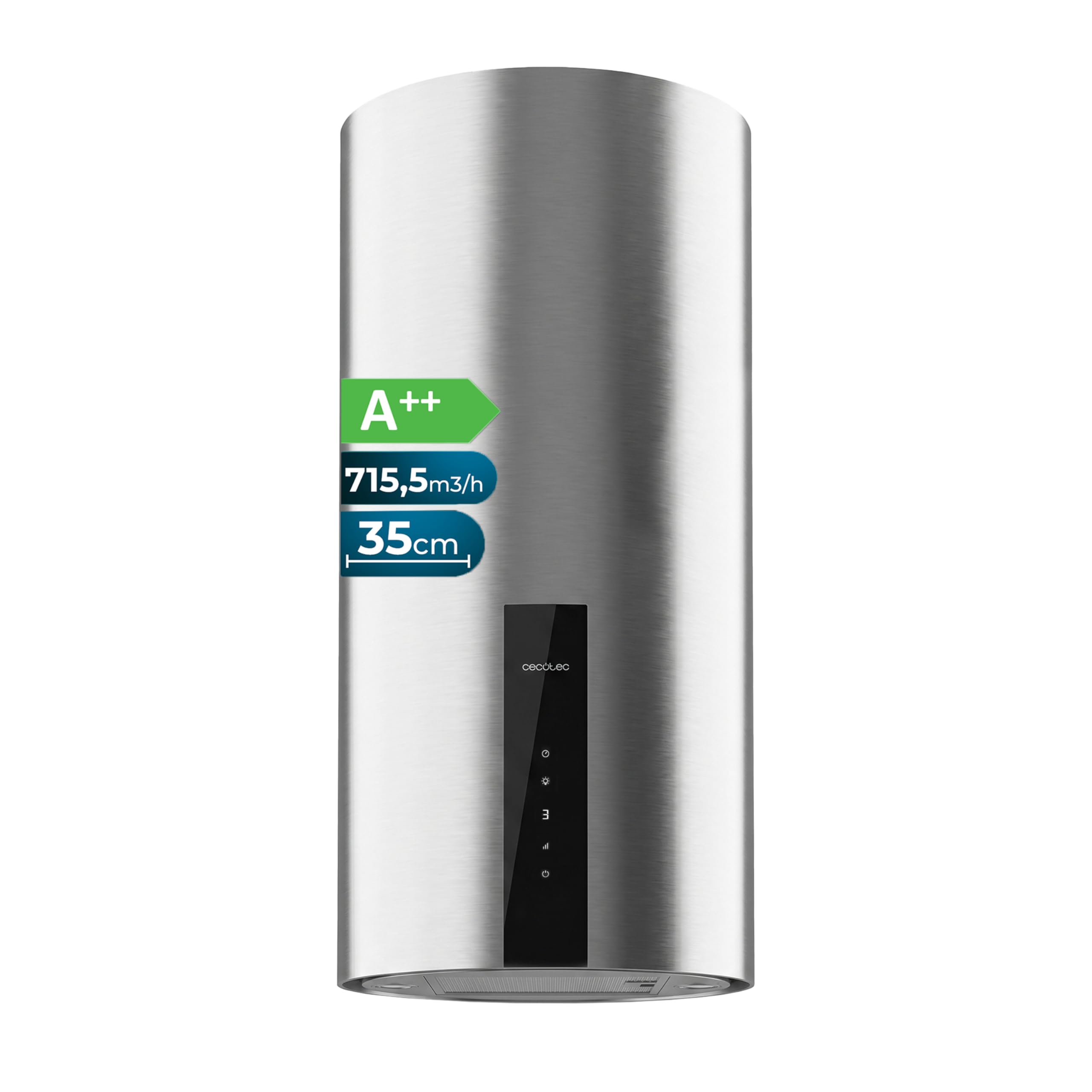 Cecotec Cappa Aspirante Rotonda a Parete 35 cm Bolero Flux DRT 358000 Inox A++. Aspirazione 715 m³/h, 2 Velocità + Funzione Booster, Filtri a Carbone, Classe A++, Controllo Touch