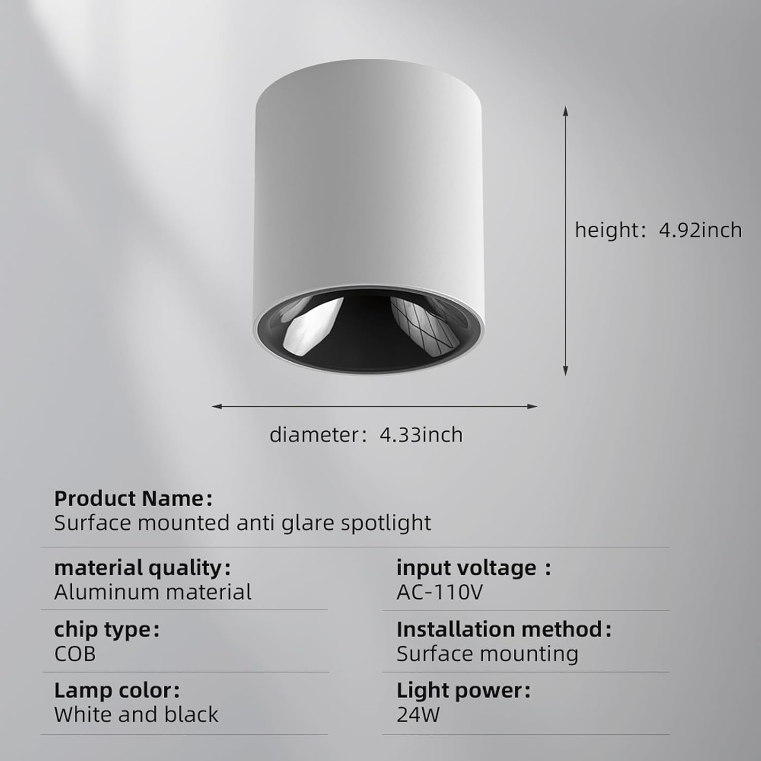 JAYMP Modern LED Ceiling Spotlight 3000K Dimmable 24W White Surface Mount Cylinder Down Light for Living Room Hallway Laundry Room