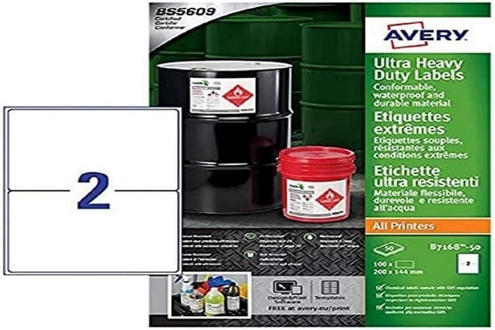 Avery España B7168-50 - Etiquetas adhesivas para uso industrial (100 etiquetas, 200x144mm) Cajaj de 50 hojas