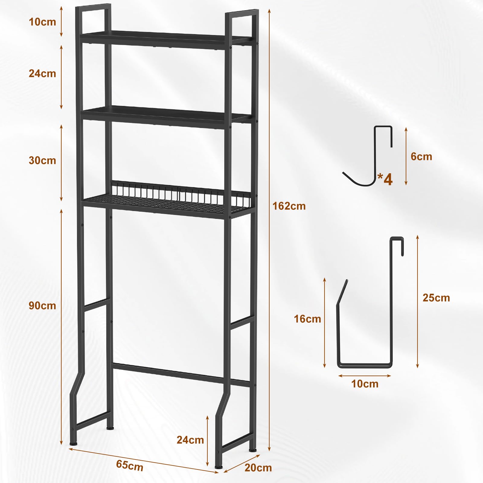 CADUKE Toilettenregal, Waschmaschinenregal mit 3-stöckiges, Badezimmerregal mit Aufbewahrungskorb und Papierhalter, Metall und Holz, 65x20x162 cm, Schwarz