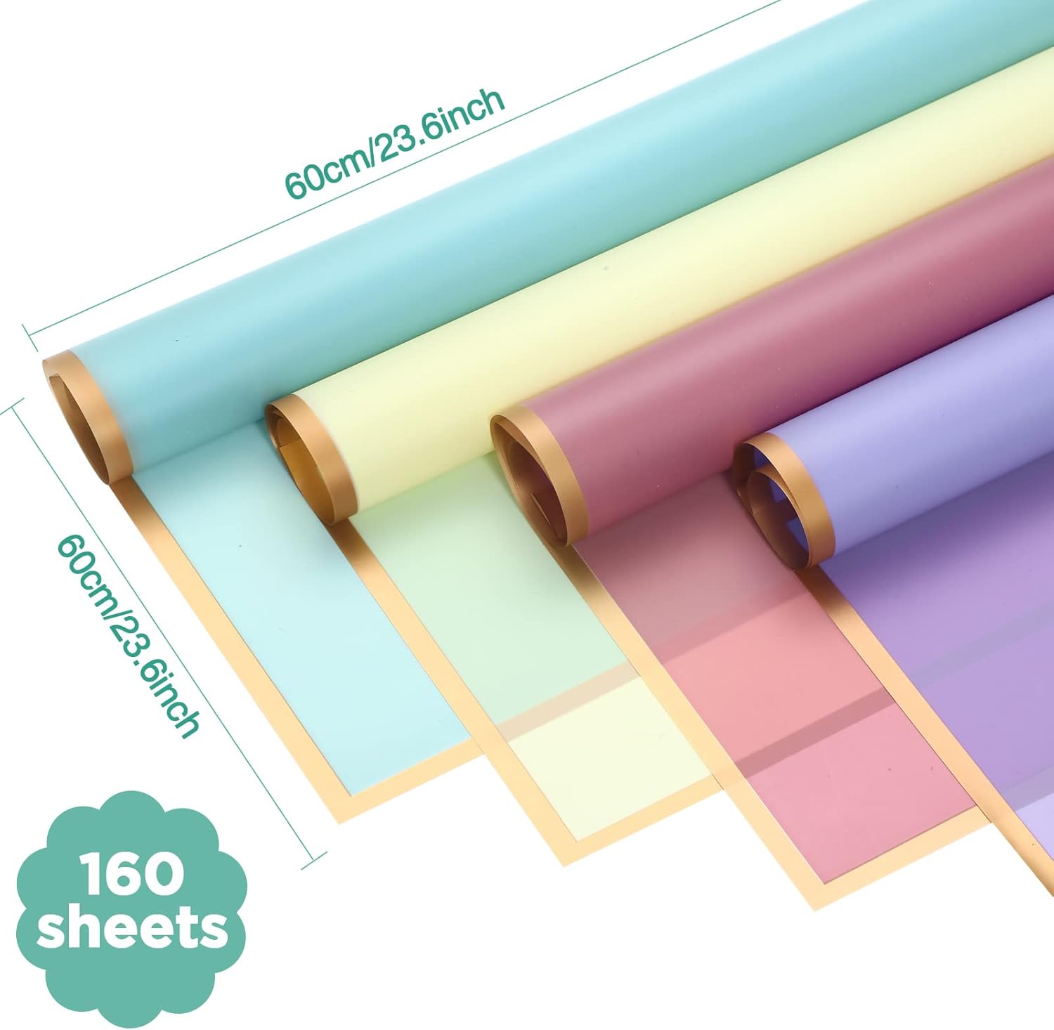 Yexiya 160 Sheets Valentines Gold Edge Flower Wrapping Paper Florist Bouquet Wrapping Supplies Waterproof Floral Craft Present Packaging Paper for Sweet Wedding, 8 Colors, 23.6 x 23.6 Inch