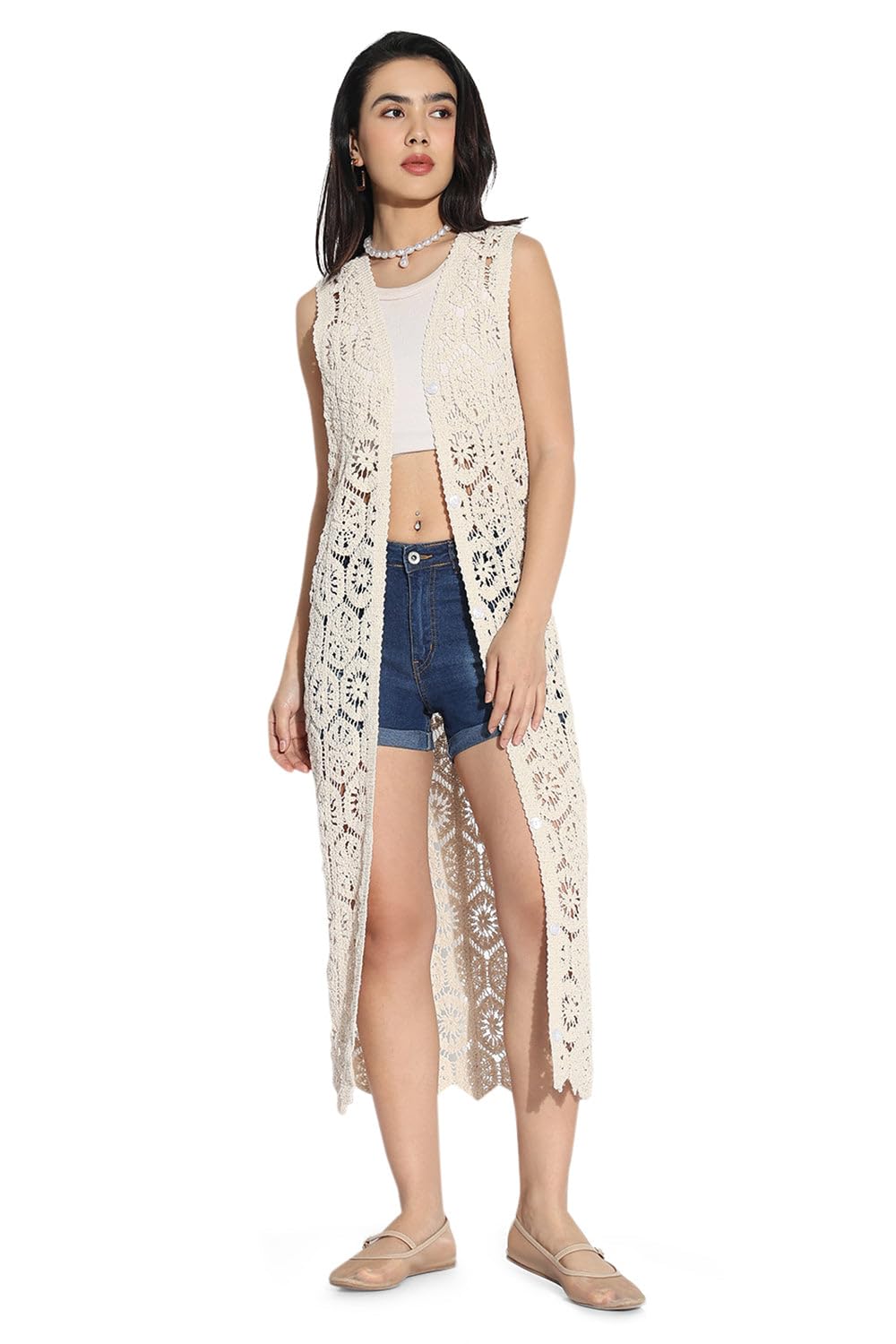 Edition Women's Cream Self Design Longline Crochet Shrug-CHN-93320_Cream-P-image-40
