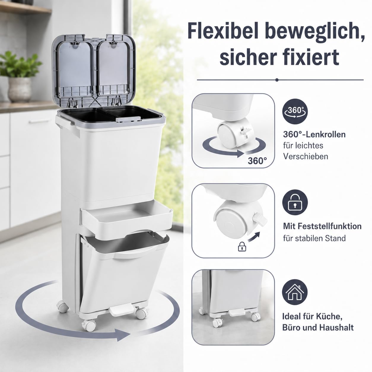 Küchenabfalleimer 3 Fächer, Großvolumiger 42L Mülltrennsystem mit Druckdeckel, Fußpedal, Lenkrollen und Mittelschublade, Treteimer für Abfalltrennung in Küche, Büro, Wohnung
