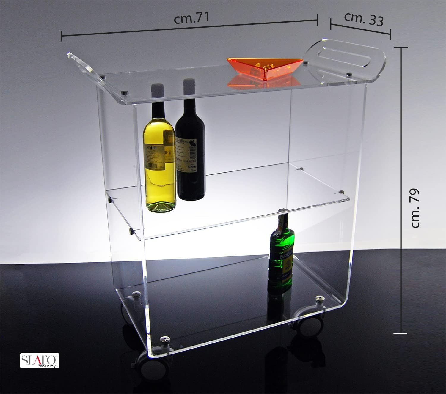 Slato Newman ⎪ Carrello con ruote da Soggiorno, Cucina, Portavivande, Vetrinetta Mobile di design a tre ripiani in cristallo acrilico Made in Italy, cm. L.71 x P.33 x H79