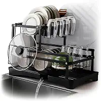 Escorredor de Louça em Aço Carbono Preto com Bandeja de Drenagem, Suporte para Copos, Talheres e Tábuas – Compacto, Resistente, Antiferrugem – Organizador de Pia Cozinha Moderna