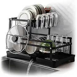 Escorredor de Louça em Aço Carbono Preto com Bandeja de Drenagem, Suporte para Copos, Talheres e Tábuas – Compacto, Resistente, Antiferrugem – Organizador de Pia Cozinha Moderna