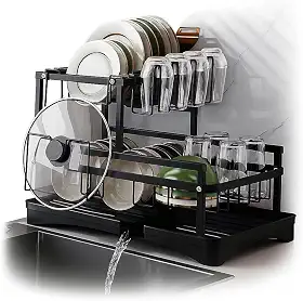 Escorredor de Louça em Aço Carbono Preto com Bandeja de Drenagem, Suporte para Copos, Talheres e Tábuas – Compacto, Resistente, Antiferrugem – Organizador de Pia Cozinha Moderna