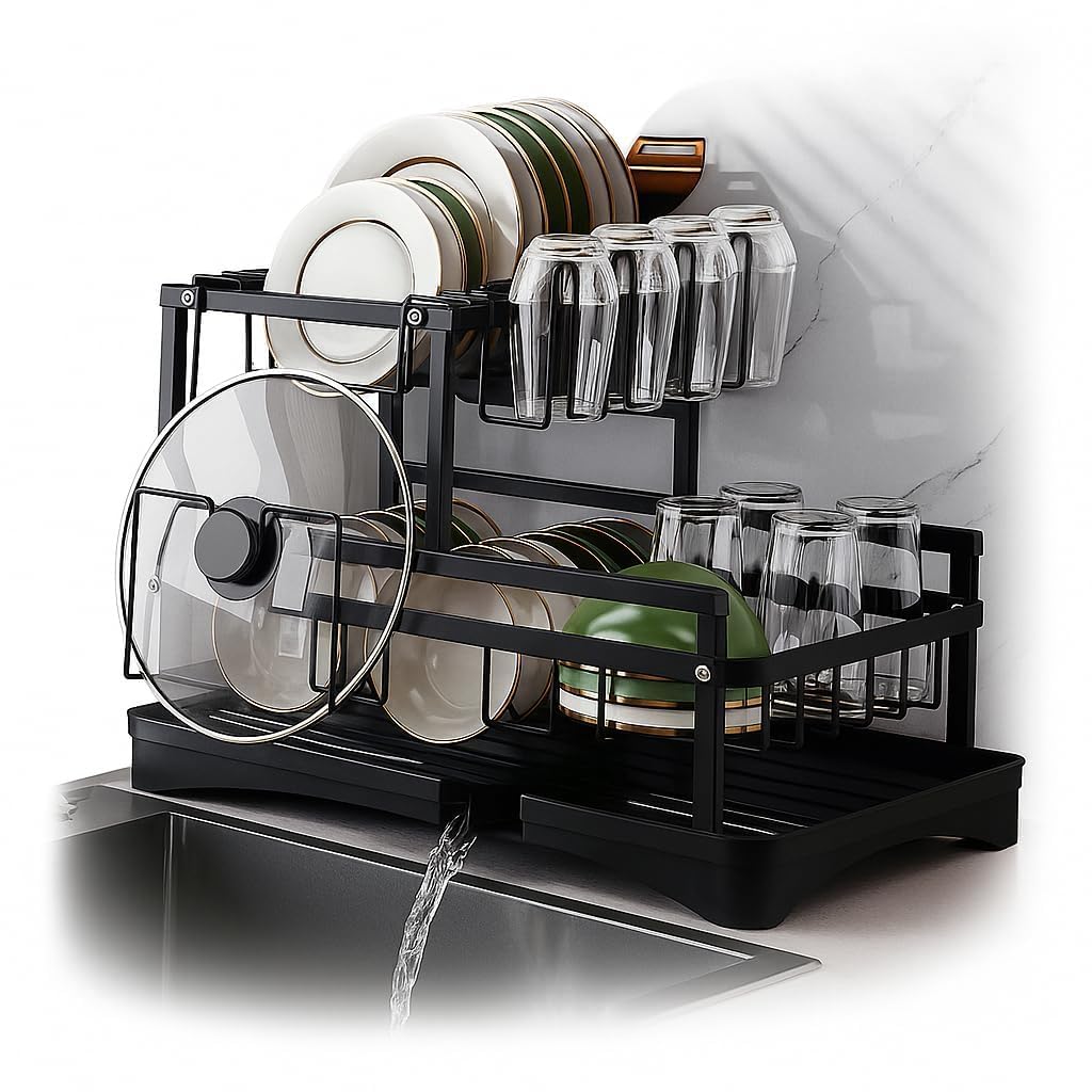 Escorredor de Louça em Aço Carbono Preto com Bandeja de Drenagem, Suporte para Copos, Talheres e Tábuas – Compacto, Resistente, Antiferrugem – Organizador de Pia Cozinha Moderna