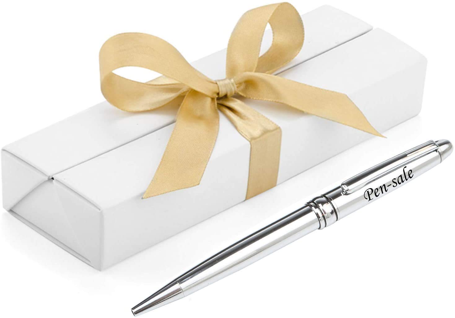 Personalised Engraved Ballpoint Pen in a Classy White Gift Box with a Gold Ribbon in a Gift Bag, Black Ink - Gifts for Christmas, Gifts For Men and Women - Enter Your Custom Engraving (Silver) â image 1