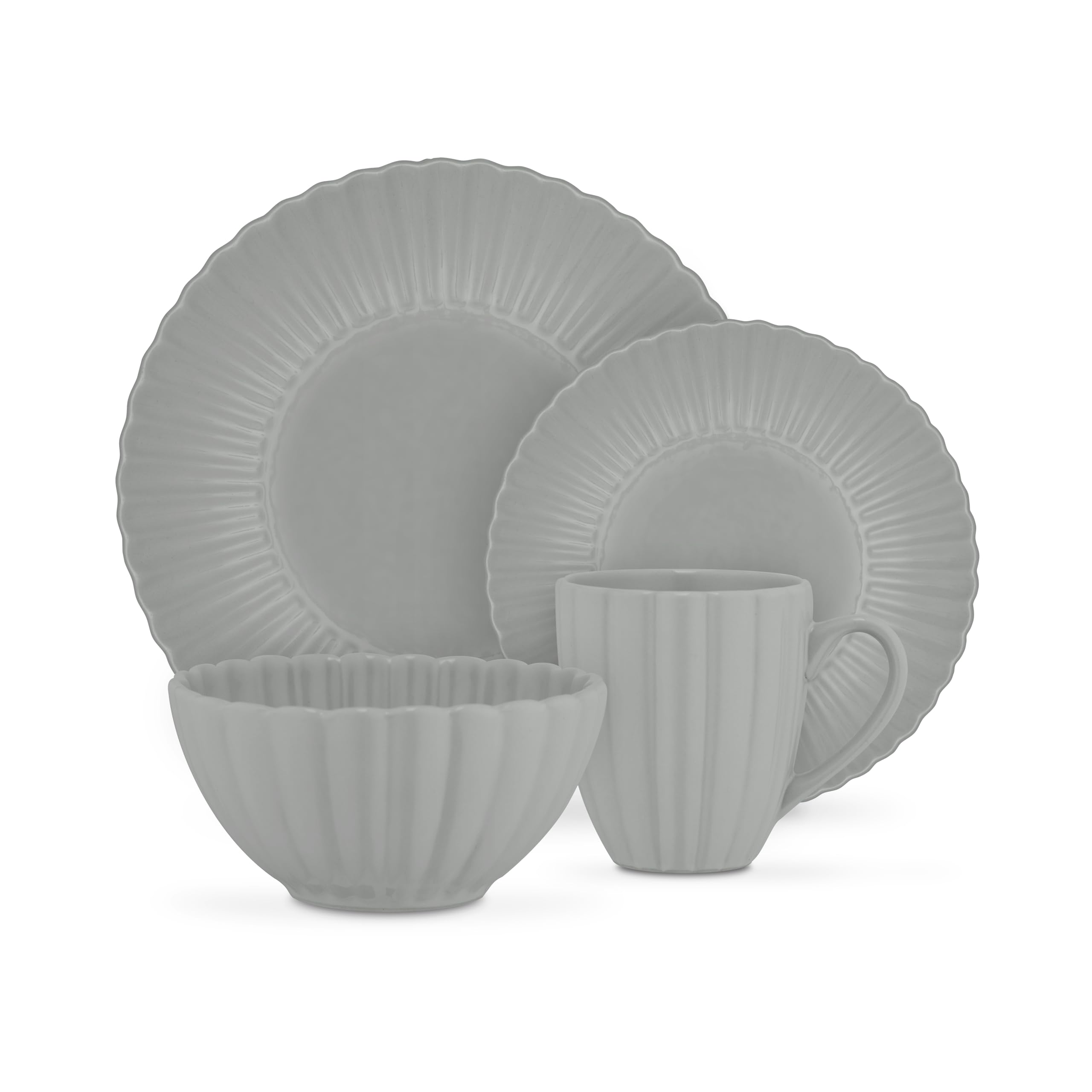 Swan 16 Piece Scallop Edge Stoneware Dinner Set, 4 x Dinner Plates, Side Plates, Bowls, Mugs, Durable, Microwave and Dishwasher Safe, Grey, SWKA1460GRY