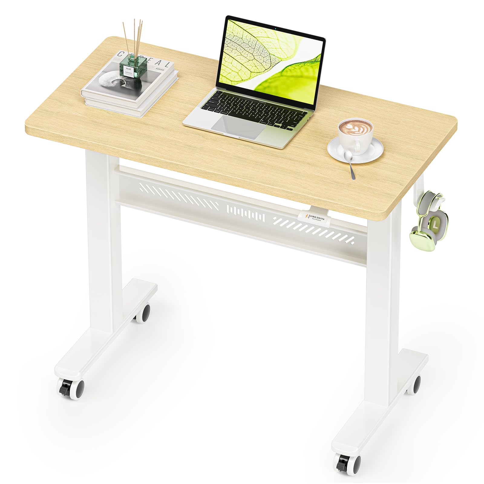 WALKINGDESK Bureau Mobile Réglable en Hauteur, 80 × 40 cm, Table de Lit avec roulettes Portable, Pneumatique Table Roulante Mobile pour Canapé, Lecture ou Travail, Chêne