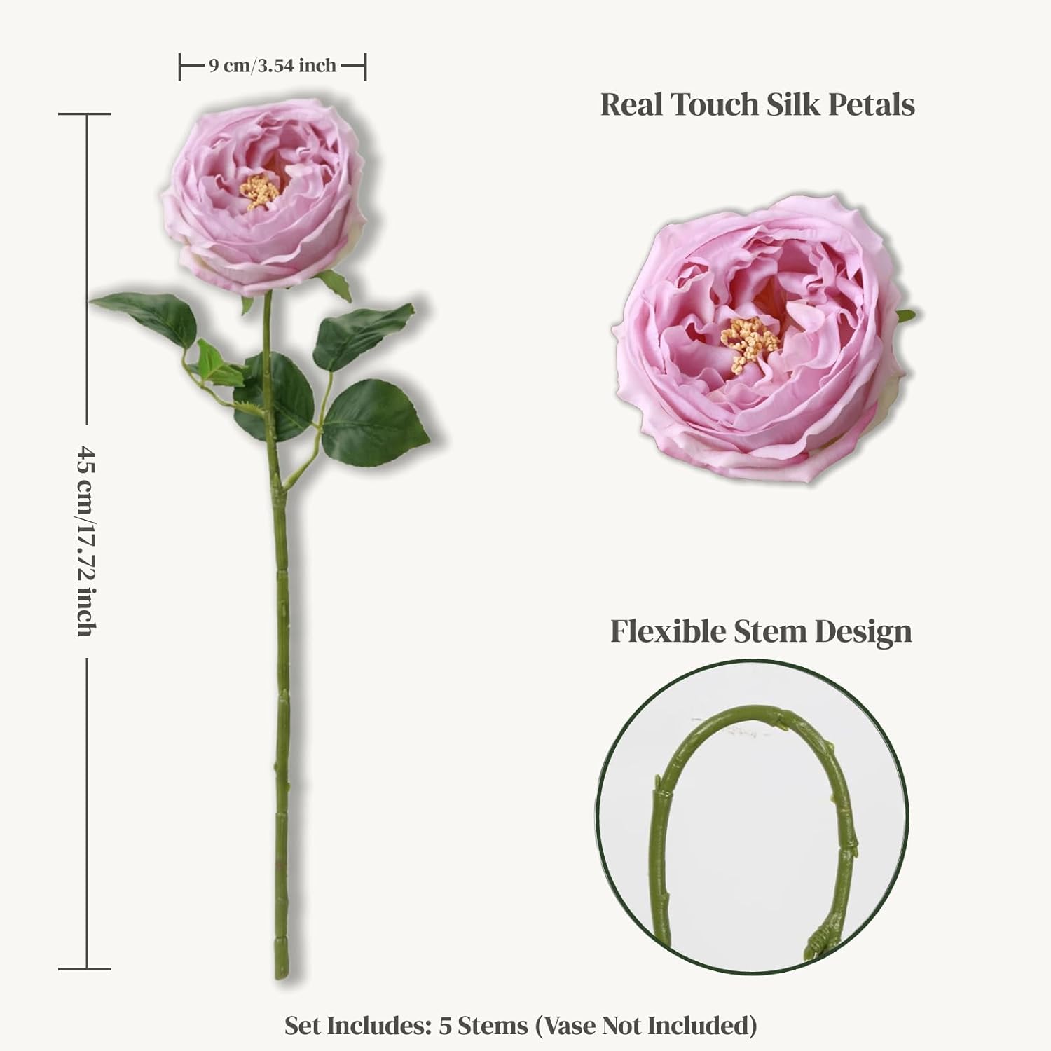 Real Touch Artificial Austin Roses – 5 Stems Luxury Faux Silk Roses with Moist Feel Petals, Full-Bloom Design for Home Décor, Wedding Centerpieces & Floral Arrangements(Purple)