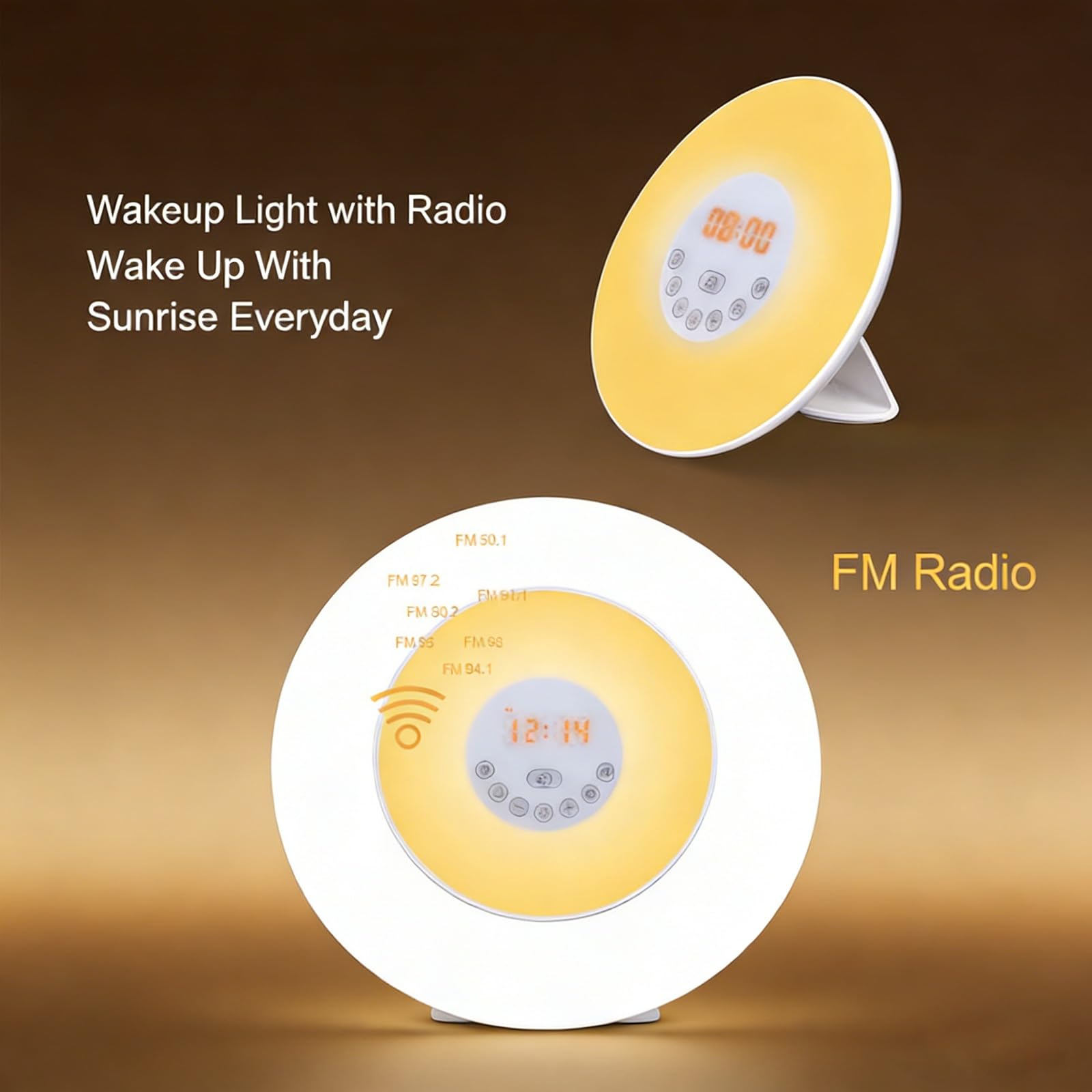 Réveil Lumineux Sunrise Alarm Clock, Lumière Naturelle et 6 Sons De La Nature avec Radio FM, Fonction Snooze, Lampe D'ambiance Multicolore pour Chambre à Coucher, Compact