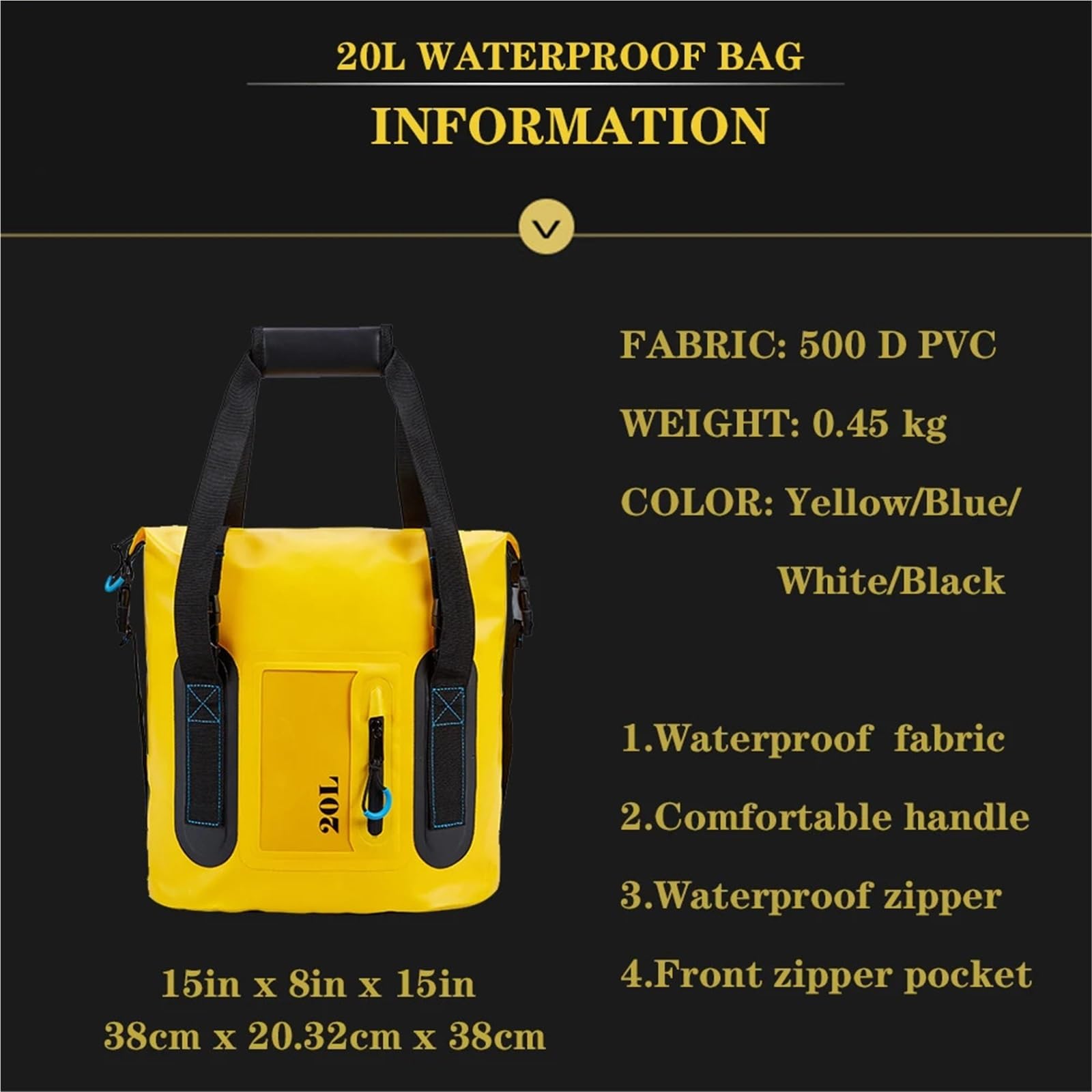 Borsa Impermeabile Borsa impermeabile da campeggio leggera con maniglia for il trasporto, for spiaggia, nuoto, all'aperto, 20 litri(Yellow 20L)
