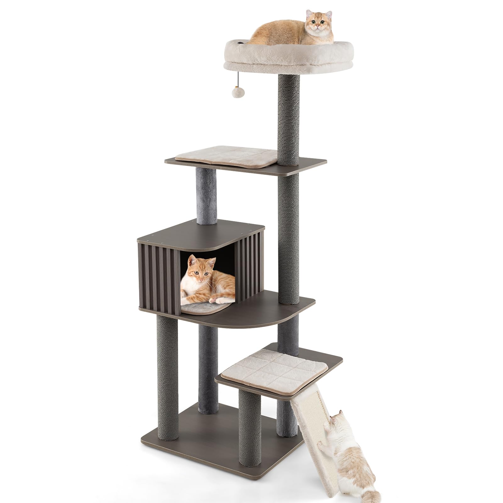 COSTWAY Albero per Gatti a 6 Livelli, Torre per Gatti Alta 171 cm con Cuscino, Condominio, Tappetini Staccabili e Pannello in Sisal, Albero Tiragraffi in Legno con Palla Pompom Appesa