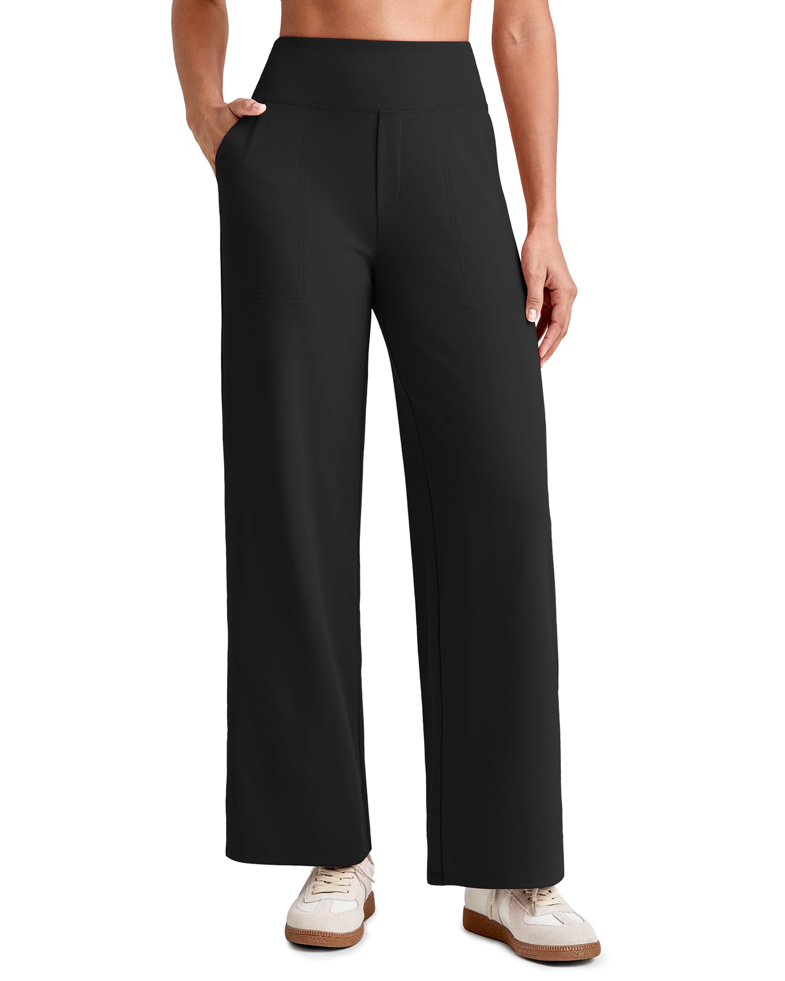 G4Free EverGoing Wide Leg Ankle Pants for Women 7/8 Length Yoga Dress Pants High Waist Stretch with Pockets Casual Work 7/8 Length – Height:5'7"-5'9.5" Large Black