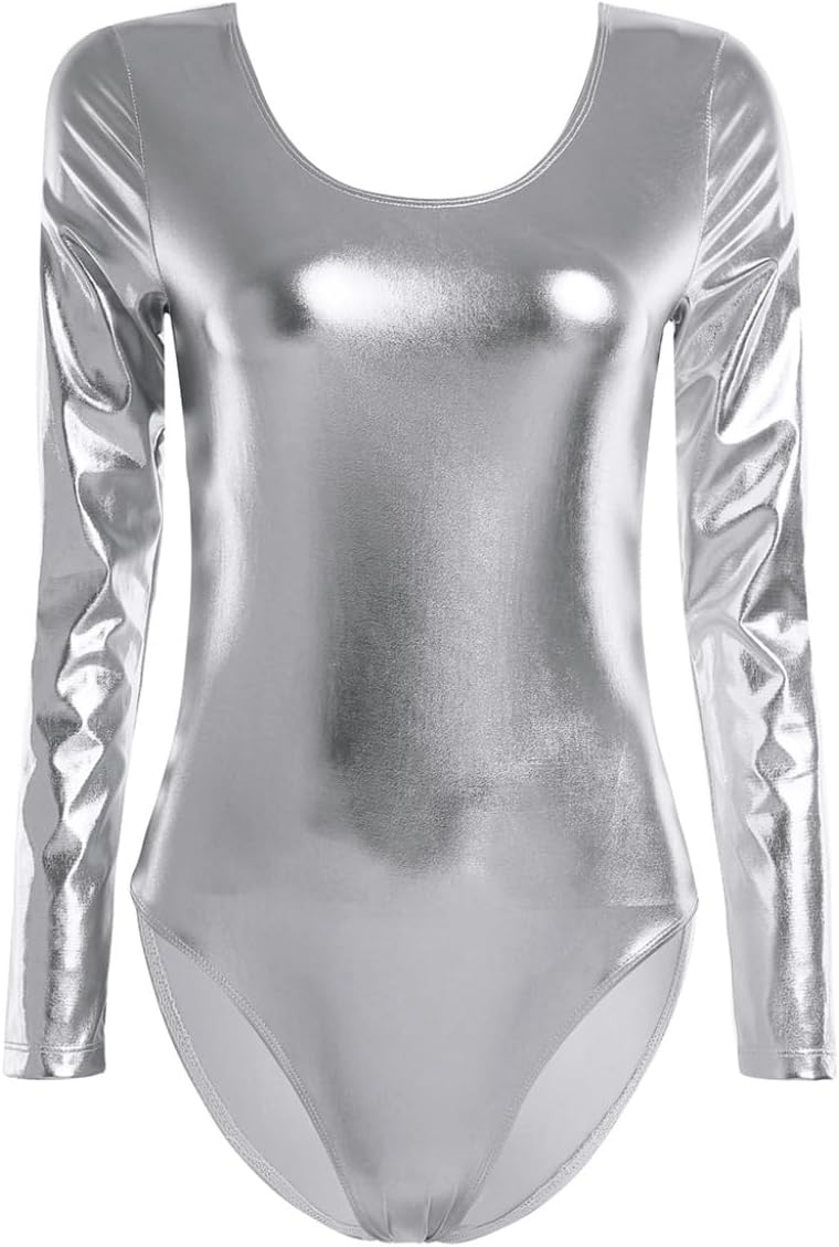 ACSUSS Womens Shiny Leather Long Sleeve Scoop Neck Gymnastic Dance Bodysuit Leotard Tops Clubwear