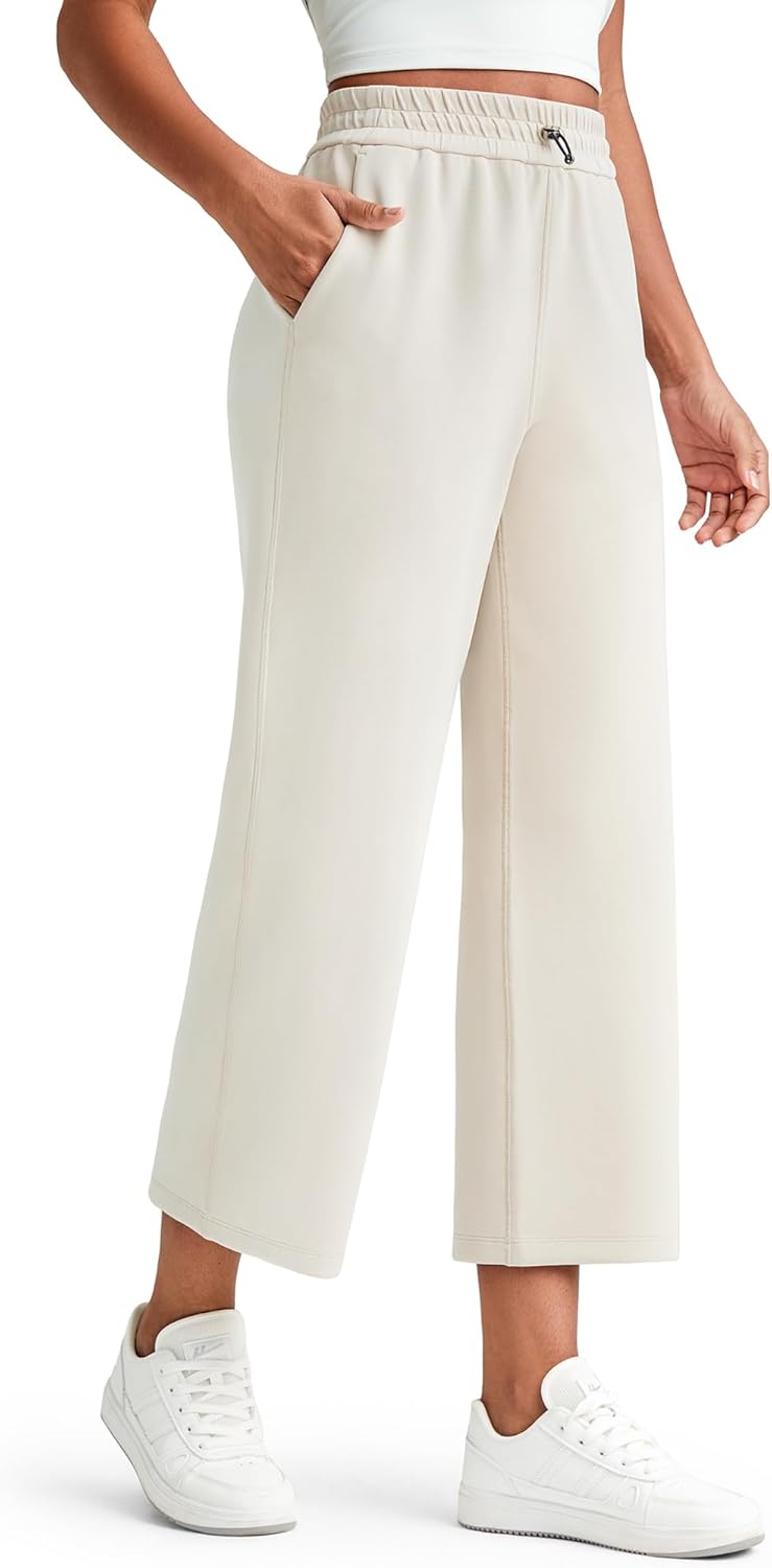 G4Free Smoofit Modal Soft Women Wide Leg Capri Sweatpants Adjustable Shockcord High Waist Casual Cropped Pants with Pockets