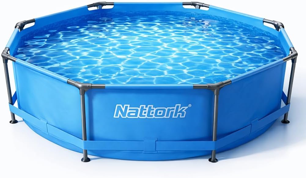 Nattork 10' x 30" Framed Swimming Pools Above Ground Pool, Round Metal Frame Outdoor Swimming Pool Set Easy-Install Upgraded T-Pipe