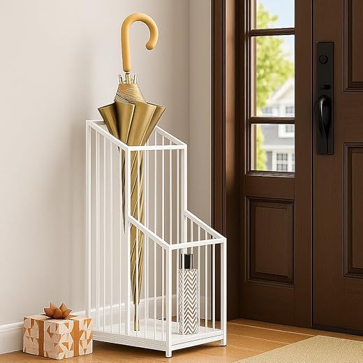 ULTRAMAC Umbrella Stand | Multipurpose Metal Black Rack | Storage Bucket for Umbrellas, Sports Equipment with Detachable Drip Tray | Easy to Clean | Made in India (No Wheels, White)