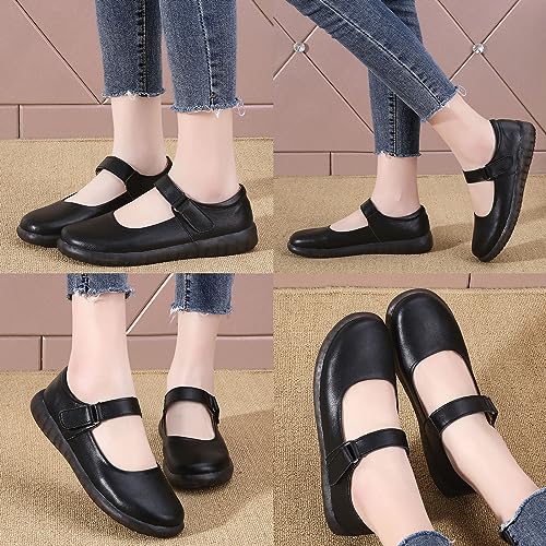 Women's Leather Mary Jane Flats with Adjustable Hook and Loop Closure Round Toe Casual Comfortable Slip On Soft Sole Ballet Flats Lightweight Mom Walking Shoes4