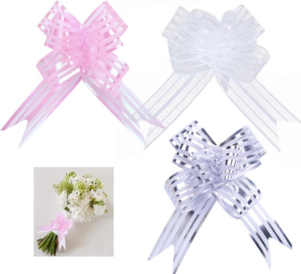 Pull Bows 50mm 30 Packs Large Organza Pulled Bows for Gift Wrapping Wedding Car Decoration Christmas Flower Gift Wrapping with Ribbon for Wedding Gift Baskets Silver Pink White