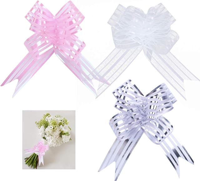 Pull Bows 50mm 30 Packs Large Organza Pulled Bow for Gift Wrapping Wedding Car Decoration Christmas Flower Gift Wrapping Pull Bow with Ribbon for Wedding Gift Baskets Silver Pink White
