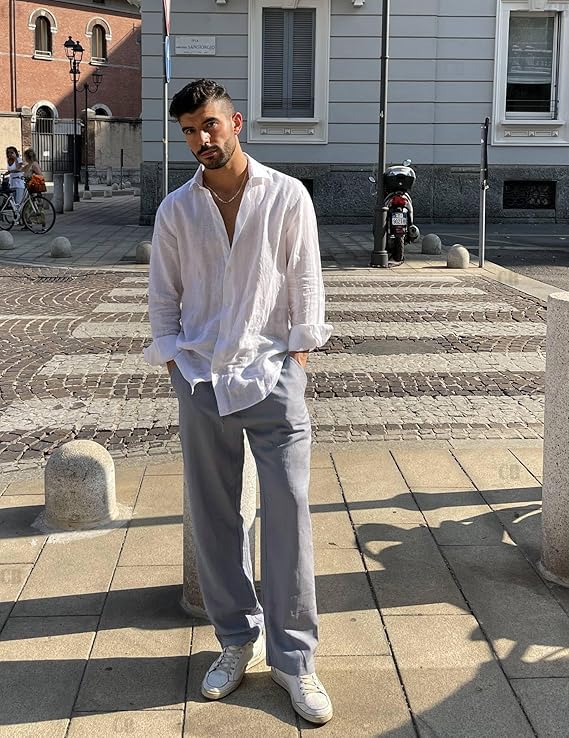 Image of CB-COLEBROOK Mens Casual Linen | Elastic Waist | Drawstring Summer Beach Yoga Linen Trouser | Loose Fit Pyjama Pants for Man