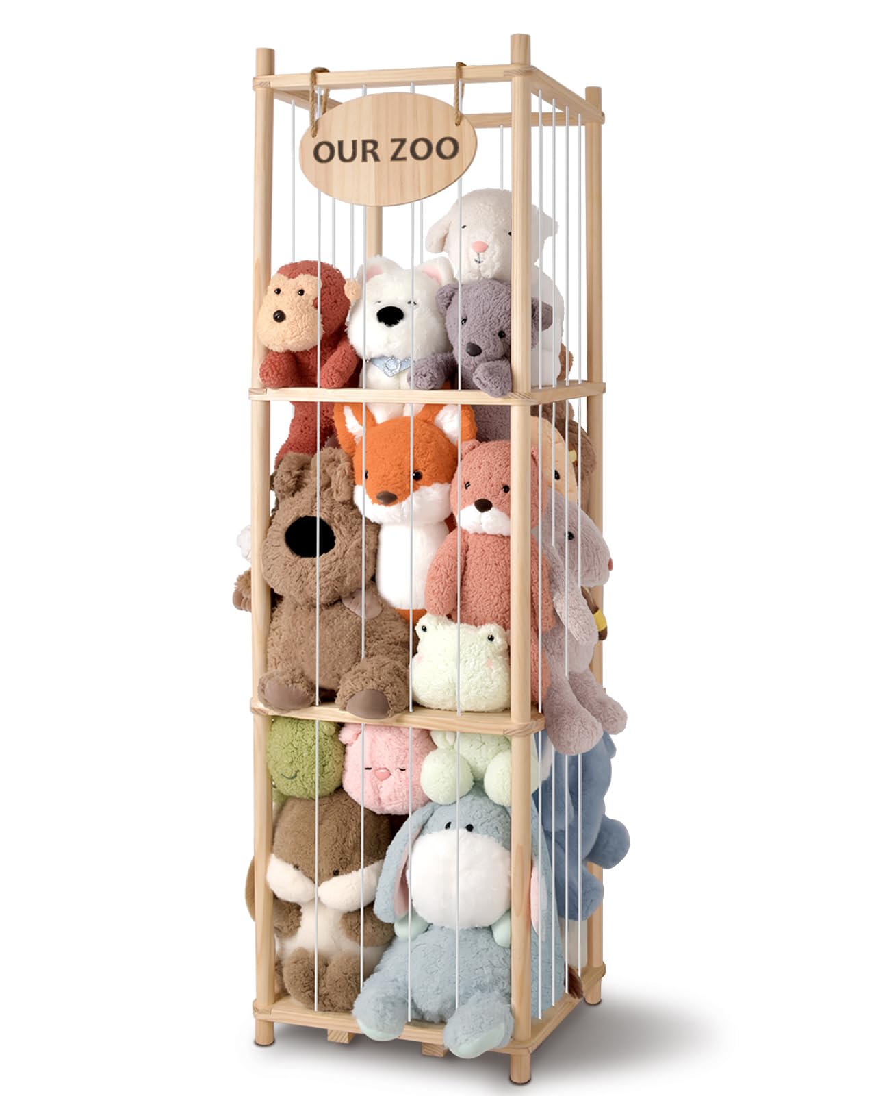 Rhyzoray Stuffed Animal Storage Organizer - Thick Wooden Toy Zoo for Playroom & Bedroom, Large Plushies Holder with Cute Jail Cage Design, Plush Toy Display Tower Shelf