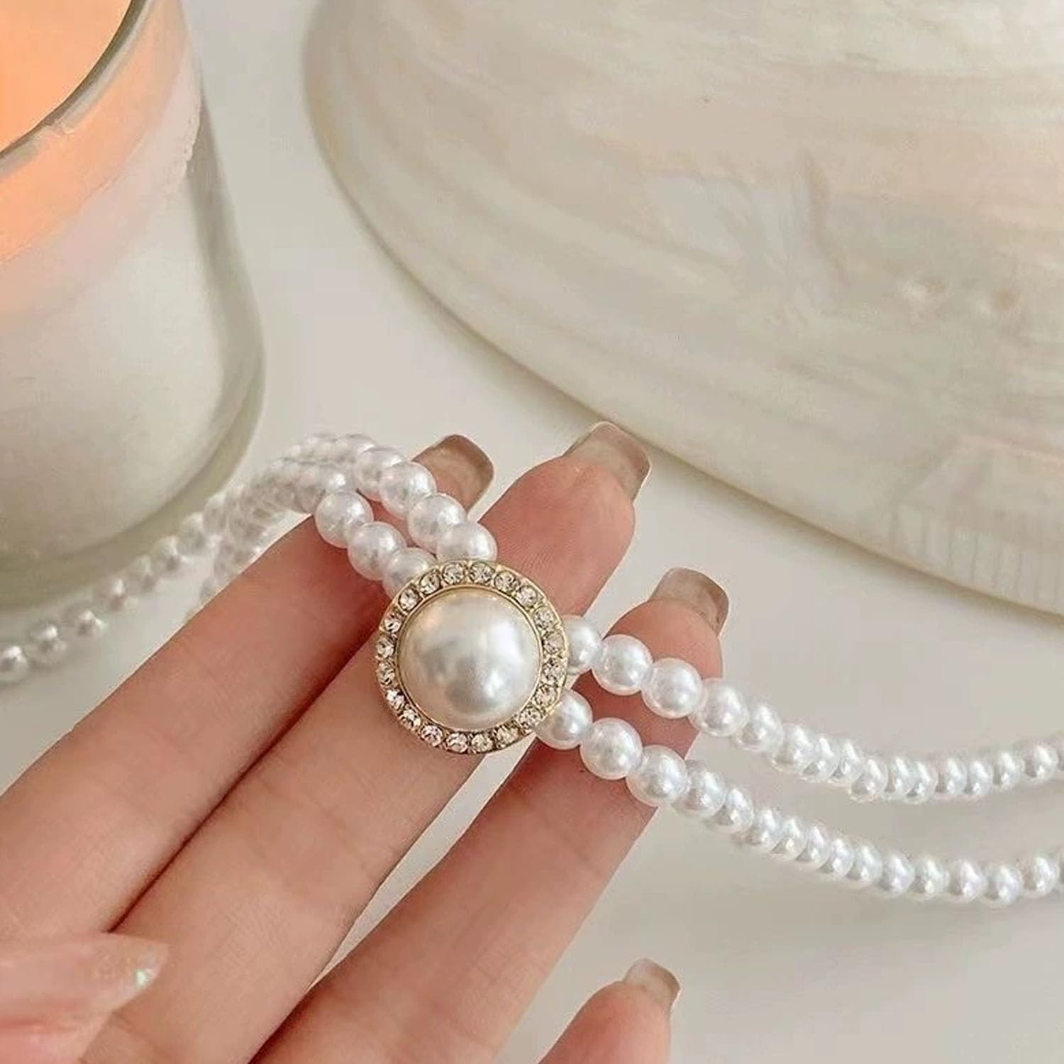 Wedding Suite Collar De Cuentas Choker, 2 Filas Choker Imitación Collar De Perlas, Rodio Chapado Elegante Encanto, Con 1 Par De Pendientes Perlas, para Fiesta Cumpleaños Aniversario Navidad Valentín