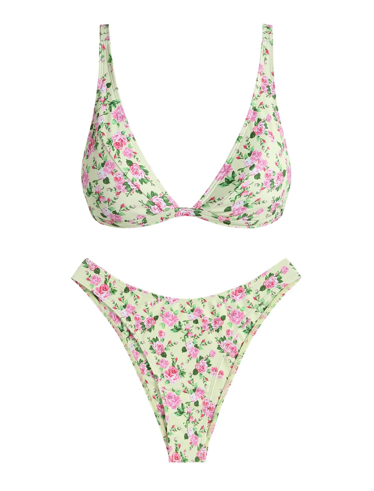 zaful bikini sets for women triangle textured plunging high cut cheeky bikini swimsuits two piece bathing suits(1-floral green, l)