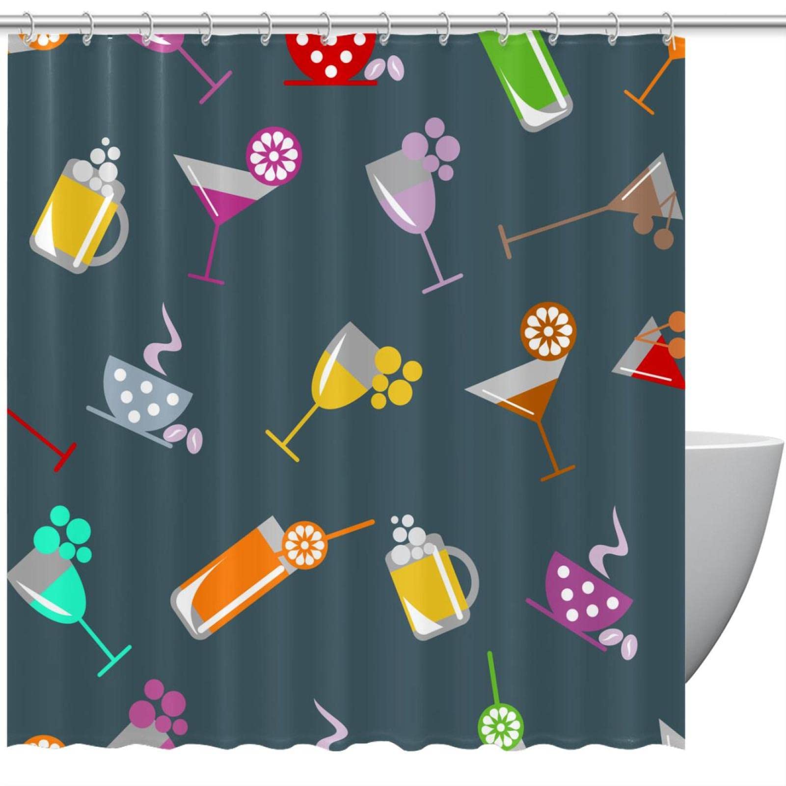 Rideau de douche verre à cocktail en textile premium opaque motif bistrot fond bleu